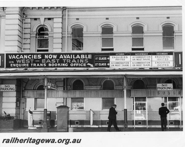 P00170
Frontage of Perth Station with hoardings advertising vacancies on interstate trains
