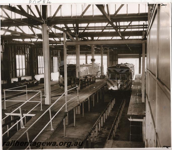 P00584
ADF class power cars, in Diesel shed, East Perth loco depot
