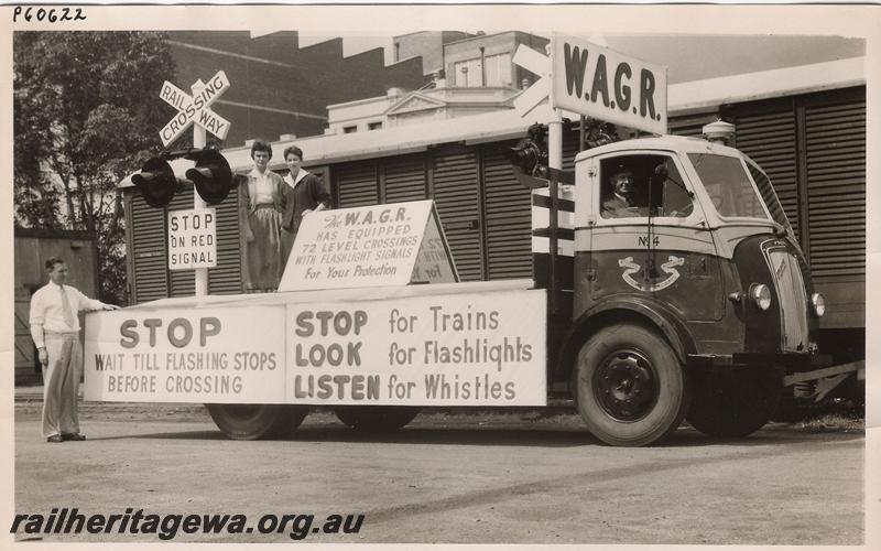 P00622
WAGR Railway Road Service, Morris Commercial  truck No.4 with a safety display mounted on the tray
