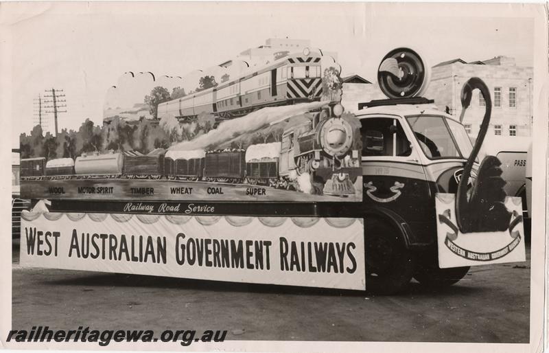 P00637
Railway Road Service, Morris Commercial truck No.15 with a display mounted on the tray promoting the WAGR
