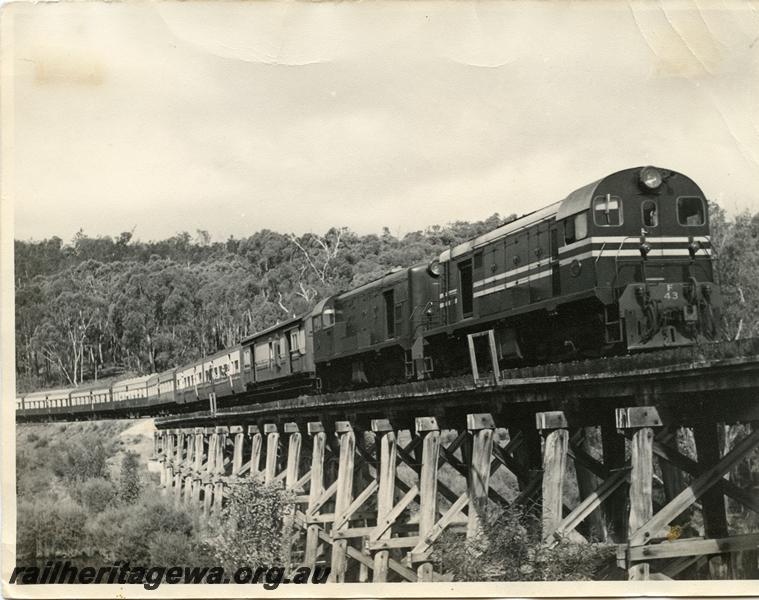 P00668
F class 43, MRWA livery, double heading with F class 45, plain red livery,crossing the trestle bridge over the Hotham River at Tullis, ARHS tour train returning from Boddington, PN line, view along the train, see also P08130
