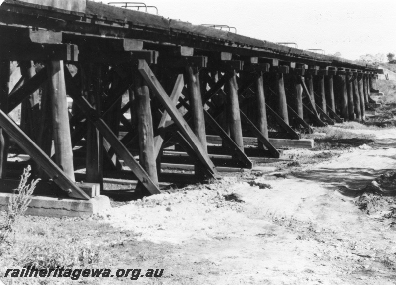 P01411
6 of 16 images of the pair of trestle bridges over the Canning River at Gosnells, SWR line, view along the bridge from the east south east.

