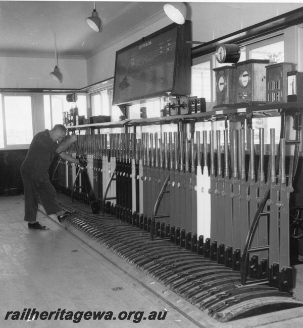 P01469
60 lever frame, signal box, Cottesloe, internal view
