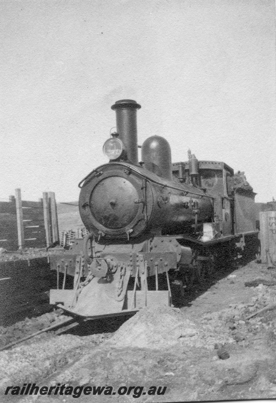 P02083
4 of 44 views of the construction of the railway at Esperance, CE line taken by Cedric Stewart, the resident WAGR engineer, G class 156 loco, front and side view.
