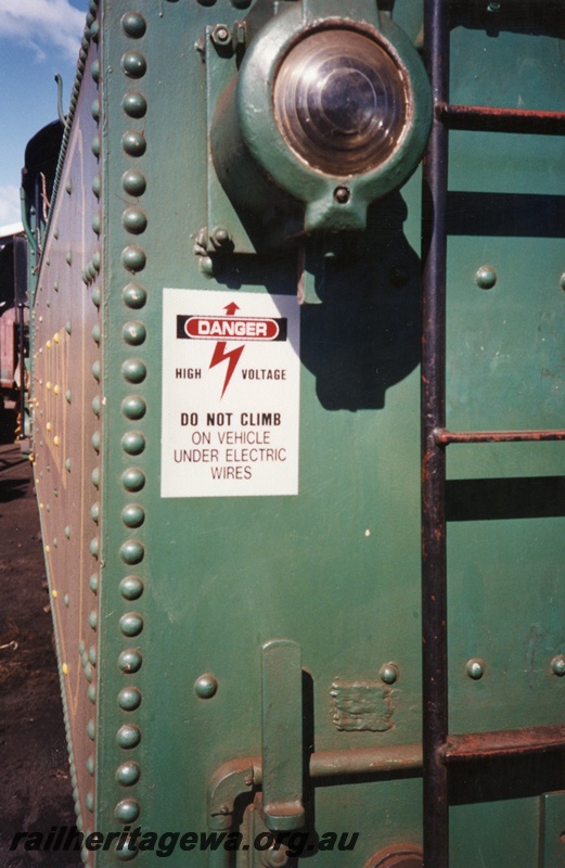 P02574
Danger sign affixed to all Hotham Valley Railway main line steam locomotives and XA 1401 diesel locomotive concurrent with the electric overhead lines to Armadale.
