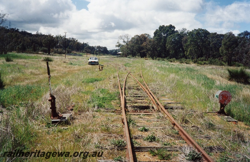P02578
Yard, point lever, point indicator, Bowelling, BN line, view along the track at the west end.
