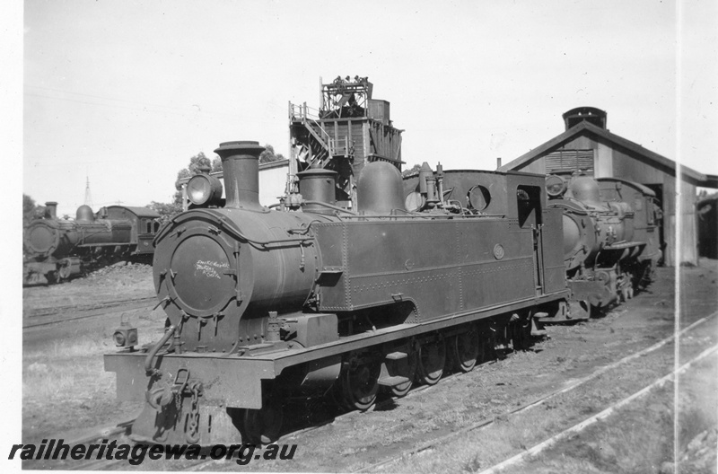 P02842
K class 37 steam locomotive, side and front view, coal stage, other stabled locos at Collie loco depot.
