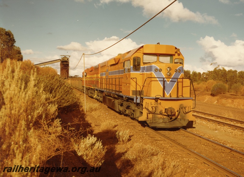 P03922
L class 264 standard gauge diesel locomotive, front and side view, in Westrail orange livery double heading another diesel locomotive in International safety orange livery, on iron ore train, WO class iron ore wagons, loading at Koolyanobbing, standard gauge line. 
