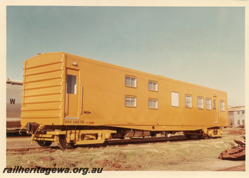 P03969
WSC class 30630 standard gauge breakdown train's Crew Living Van, as new condition, yellow livery, end and side view.
