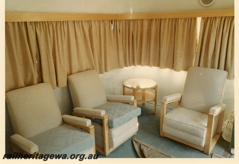 P04014
AN class 413 carriage, Vice Regal car, interior, lounge chairs and table
