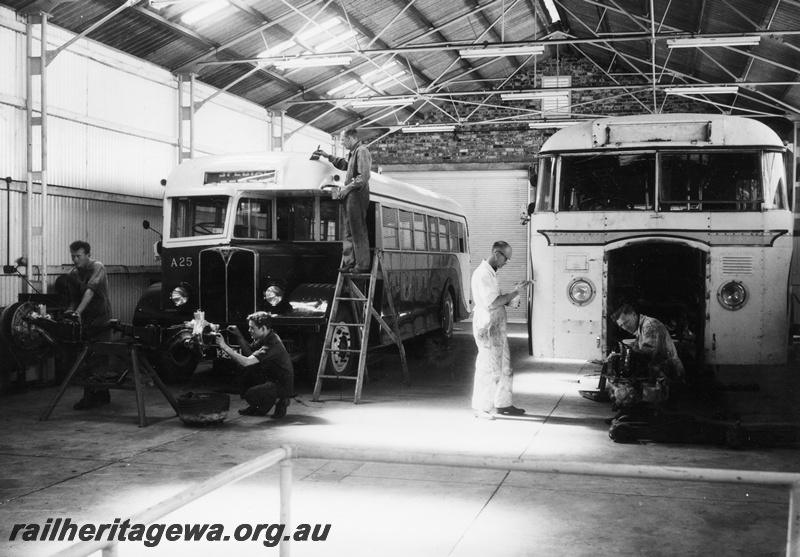P04071
Railway buses A25 & F49,  under repair in workshops, front on view
