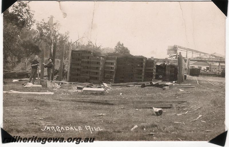 P04532
No.2 Mill, Jarrahdale, fruit boards stacked near mill. (postcard))
