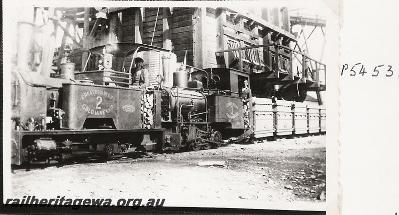 P05453
Great Boulder Gold Mines locos, Kerr Stuart  0-4-0T No. 2, and Orenstein and Koppel 0-6-6WT No. 3  at the Great Boulder Gold Mine hauling hoppers

