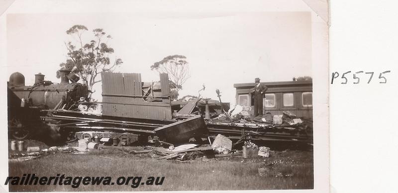 P05575
Collision, ES class 336 on  No.6 Passenger from Narrogin  ran into the rear of  No.8 Passenger from Albany, side view of the remains  of ZJ class 360, Mount Kokeby, GSR line

