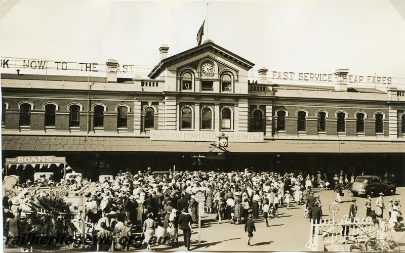 P05798
Perth Station forecourt,  street side, looking direct at entrance, signs advertising 