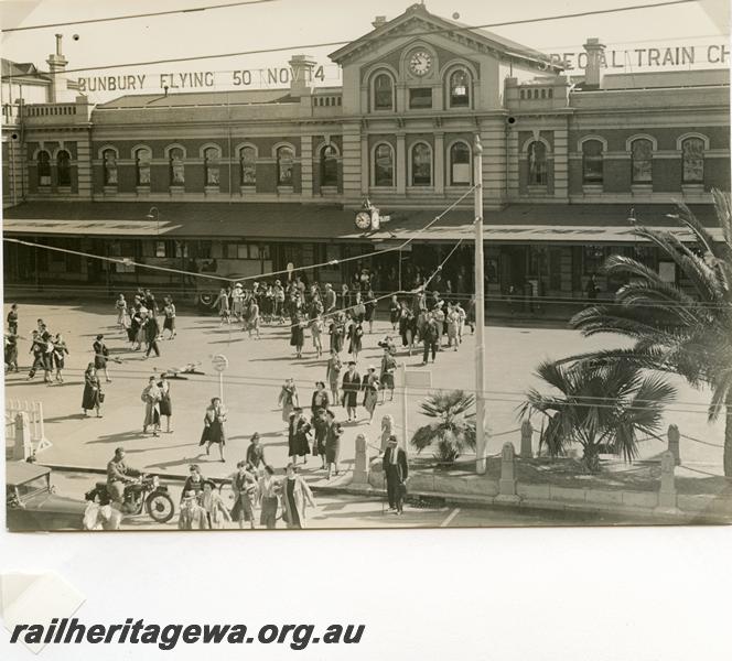 P05800
Perth Station street side, looking direct at entrance, signs advertising 