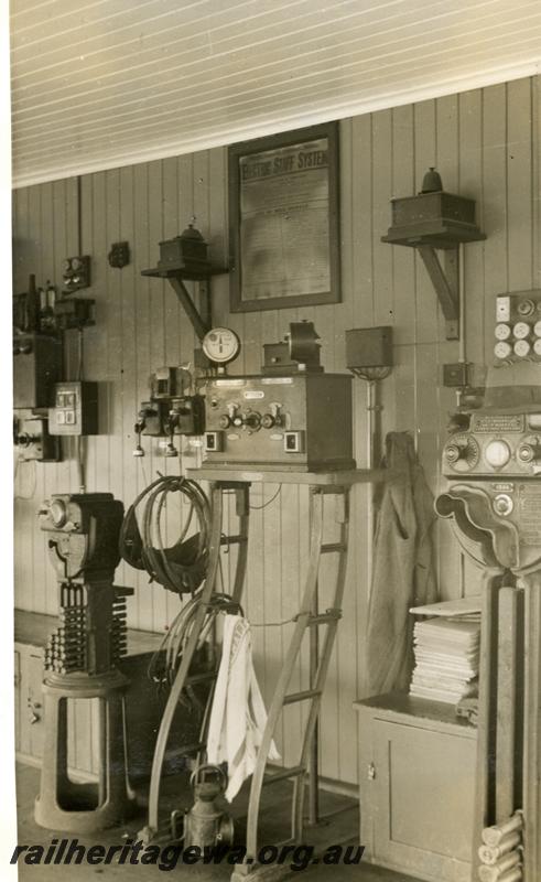P06268
Signal box, East Perth, interior view of signalling equipment, miniature electric staff instrument, large electric staff instrument
