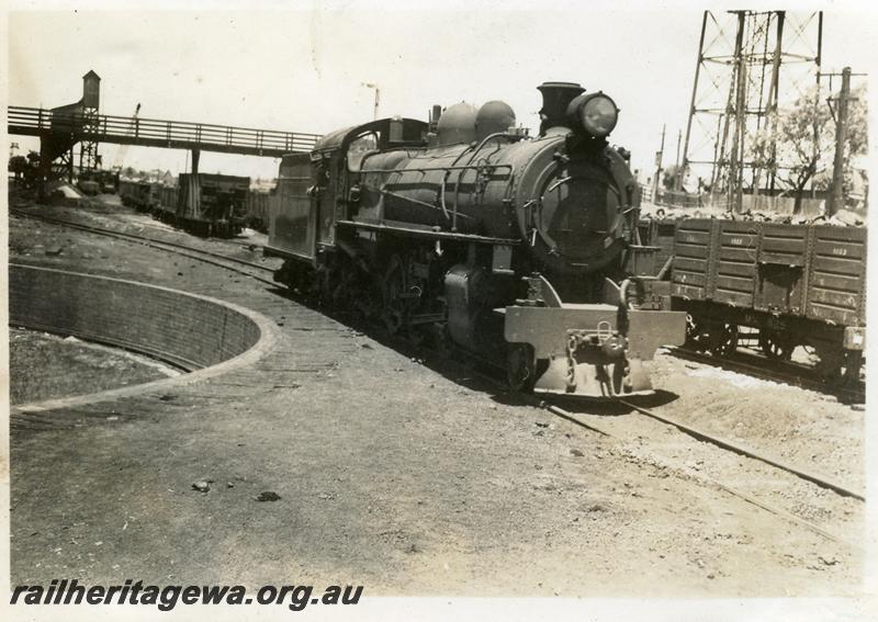 P06308
P class, East Perth Loco Depot, side and front view, MA class 7825 coal box wagon in background
