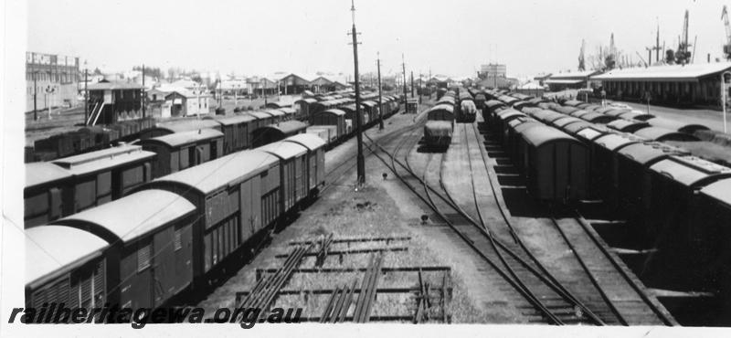 P06763
Yard, Fremantle, looking west, taken at 12.40 pm, E shed in background

