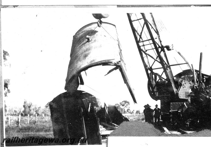 P07063
4 of 8 views of the smash at Wokalup, SWR line, shows steam crane No.23 lifting the remains of a D class van
