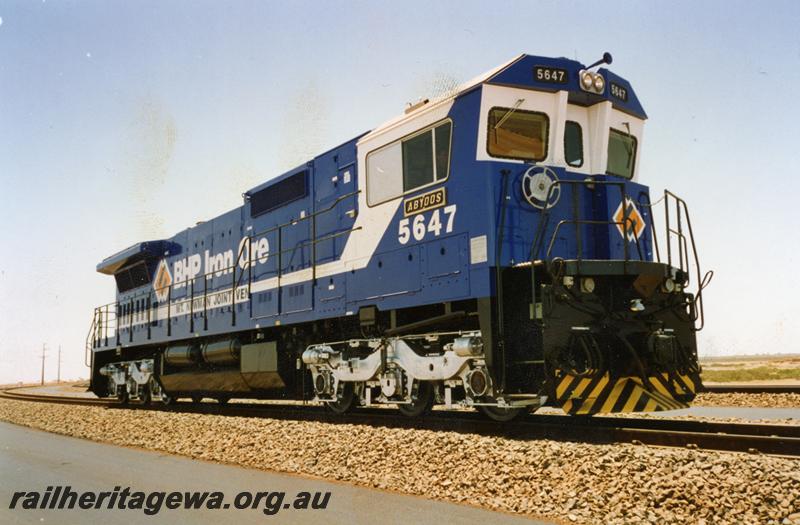 P07148
BHP Iron Ore loco No.5647 in blue & white livery, side and front view
