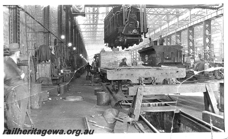 P07605
Bobtail tender from P class 457 being moved by the overhead crane, Fitting Shop, Block 3, Midland Workshops
