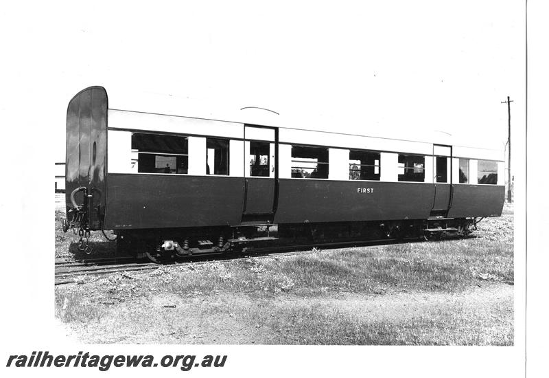 P07777
AJ class first class suburban passenger carriage, when new, in original livery, end and side view

