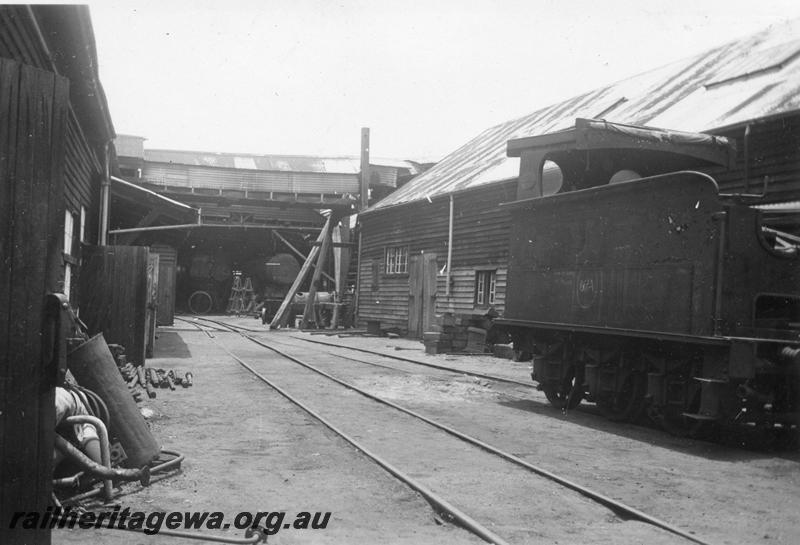 P08260
Millars loco undergoing repairs, Yarloop Workshops, view of ships and loco tender
