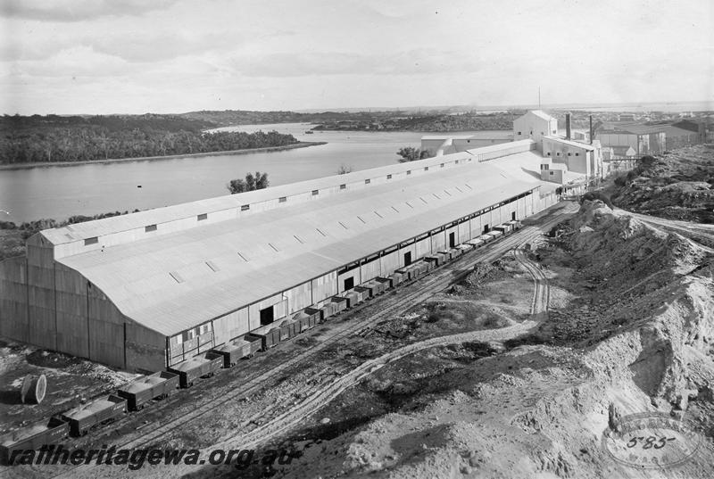 P08392
Rake of open wagons, Mount Lyall Superphosphate works, North Fremantle on the Rocky Bay Line, elevated view of site
