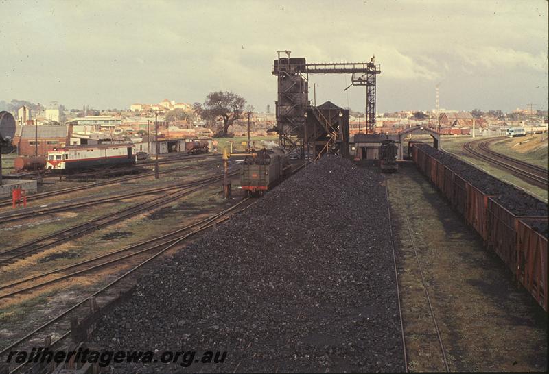 P09736
V class 1217, ADF class, 'Bunbury Belle' headboard, steam crane, water column, coaling plant, coal dump,  XA class wagons on coaling road, ADX class 670 in the Nanking blue and light grey livery on suburban down main in the background, East Perth, ER line.
