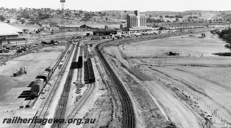 P10071
Marshalling Yard, Avon Yard, elevated view looking west, wheat bin in background, 

