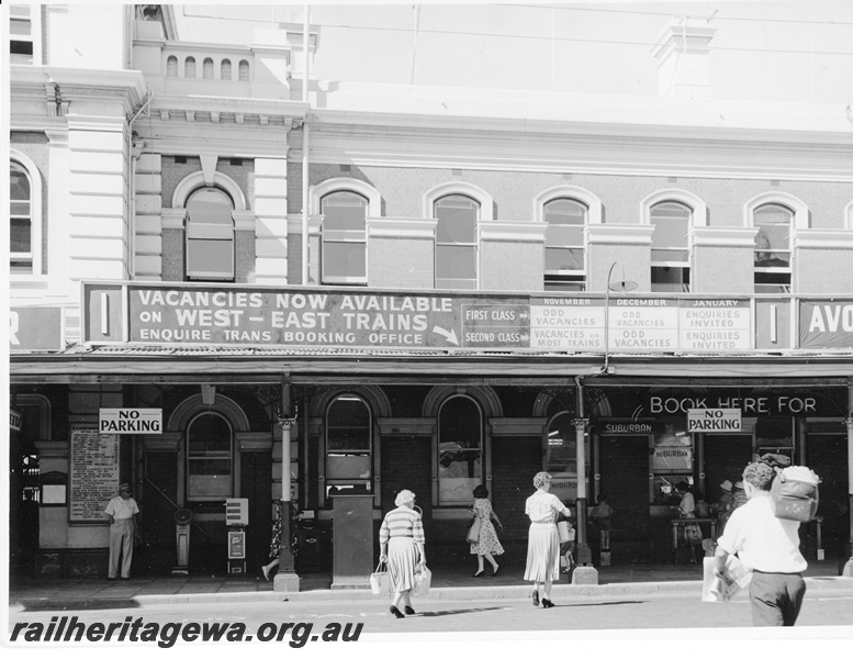 P10574
A front view of the Perth Railway Station depicting the eastern end of the building with the Interstate Booking Office to the right and suburban ticket offices at the front.
