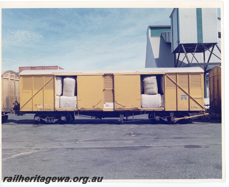 P10621
VD class 23145 narrow gauge semi louvered van, loaded with wool, awaiting unloading.
