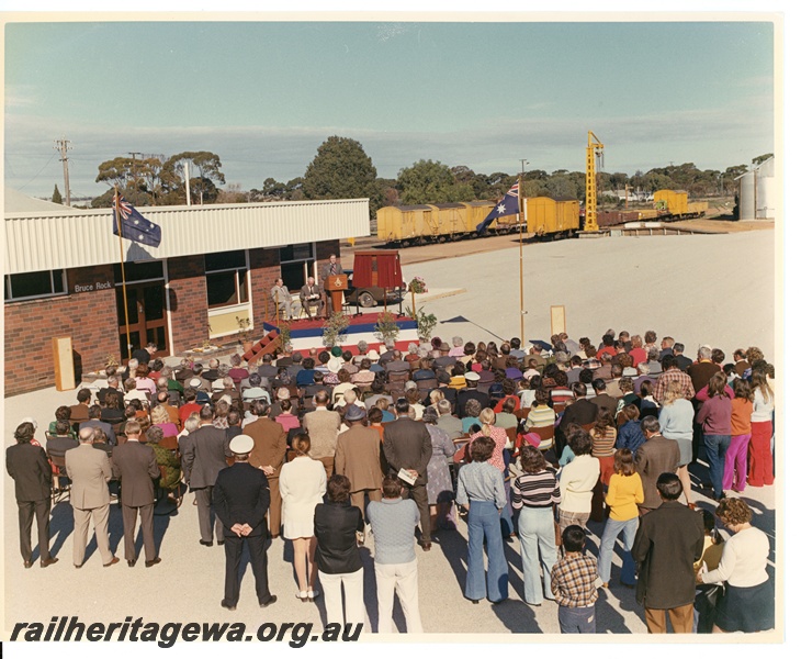 P10629
Official opening of the new Bruce Rock Railway Station. Seated on the dais are Mr C Rushton, Minister for Railways, with Mr R J Pascoe, Commissioner of Railways, while Mr R O'Connor State Premier is at the lectern.

