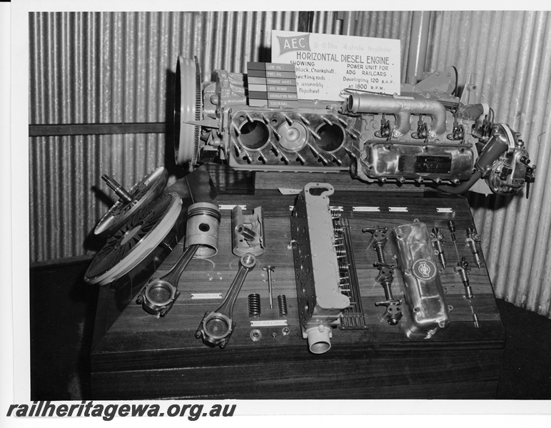 P10666
AEC horizontal diesel engine, disassembled and on display, from ADG class railcar, close up view
