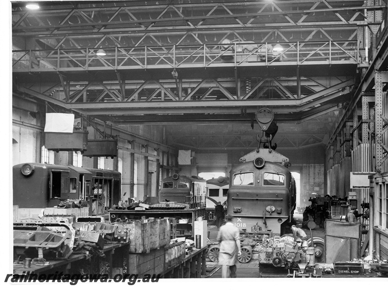 P10768
View in the diesel shop at Midland Workshops depicting X class, Y Class and ADF power car under repairs.
