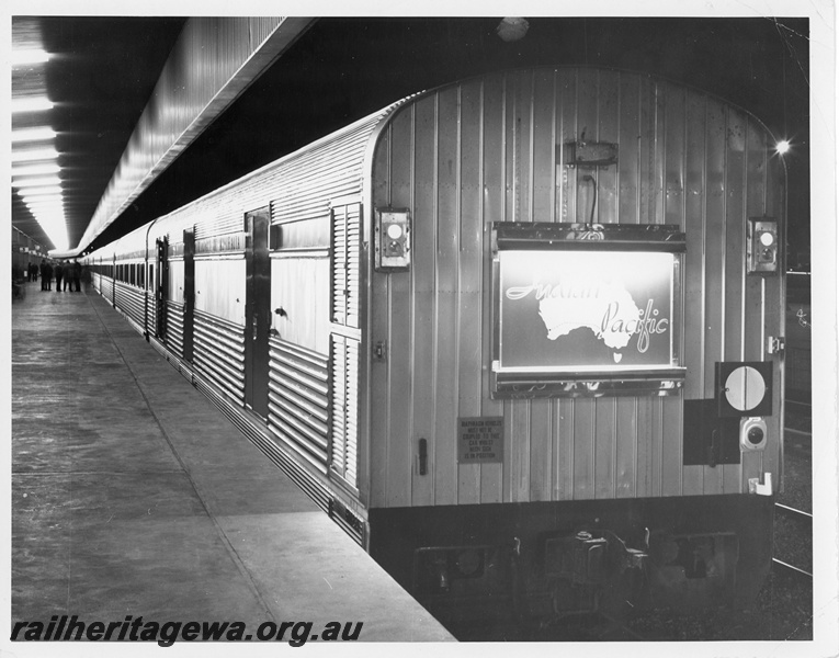 P10769
The illuminated neon sign for The Indian Pacific as seen on the rear baggage van at Perth Terminal prior to departure.
