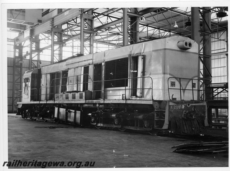 P10975
K class 209, in two tone blue livery, Forrestfield,  undergoing repairs following a collision, side and end view
