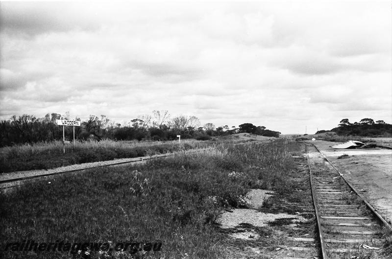 P11107
Station nameboard, siding, Wadderin, NKM line, siding overgrown with weeds,
