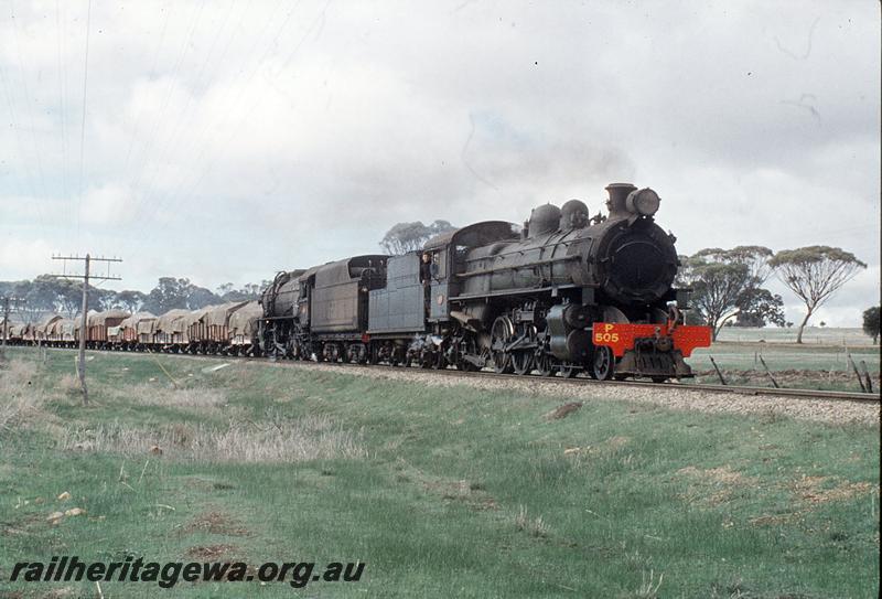 P11524
P class 505, V class 1201, back to back, down goods, Cuballing bank. GSR line.
