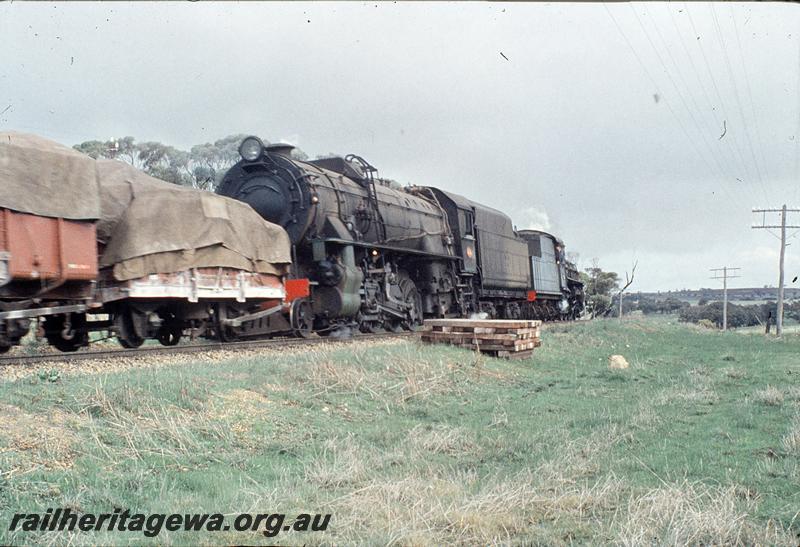 P11525
P class 505, V class 1201, back to back, down goods, Cuballing bank. GSR line.
