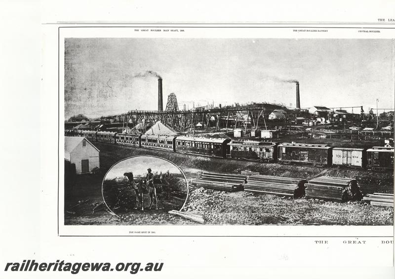P12047
The ministerial train that took the official party to the opening of the Kalgoorlie - Menzies railway taken at the Great Boulder Goldmine, Kalgoorlie, AL class 5 inspection carriage, AN class 6 and AB class 38 Gilbert carriage in the consist. Same as P0624 but the left hand half of the image scanned from a larger print . (scanned print located in MC1B2G)
