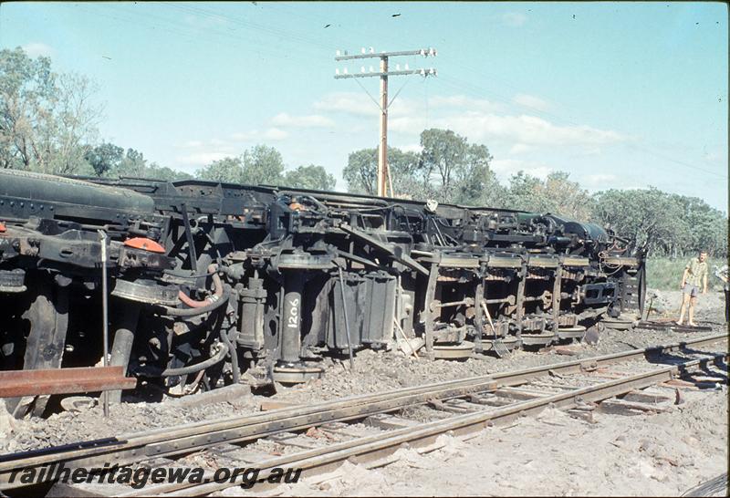 P12112
V class 1206, underside, repaired track, Mundijong Junction accident. SWR line.
