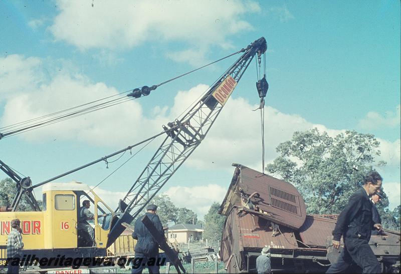 P12226
Lifting remains of VA class 10126 bogie van, Gingin accident. MR line.
