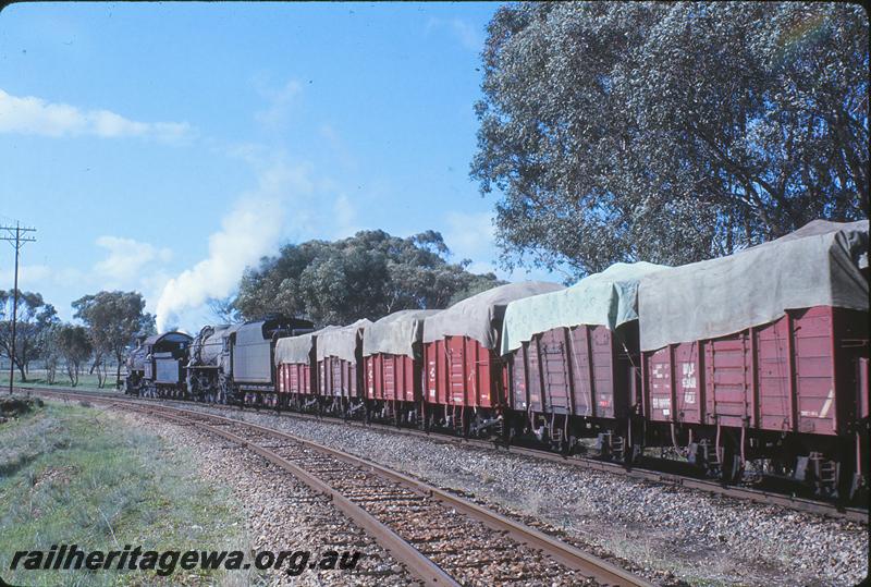 P12252
F class 413, V class 1216, rake of tarpaulin covered GH class wagons in the consist, 24 goods, Avon River bridge, Spencers Brook, Wundowie line in foreground. GSR line (previously ER line).
