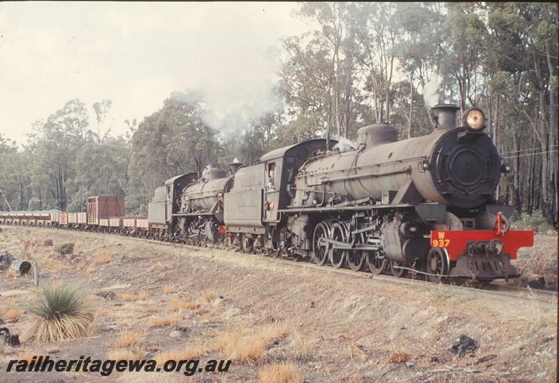 P12421
W class 937, W class 917, ballast train near Hester, PP line. Additional wagons including stock wagon for brake power.
