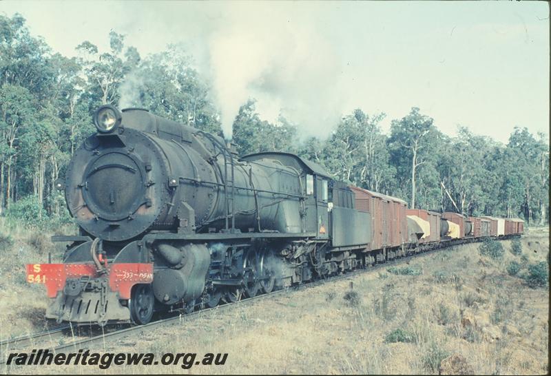 P12449
S class 541, on 333 fast goods, missing its nameplate, approaching Hester, PP line. Train No. and departure time chalked on buffer beam.
