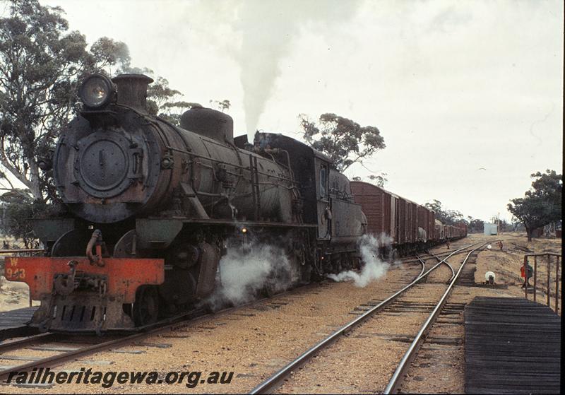 P12466
W class 943, station building, scissors crossover, cheeseknobs, point indicators, No 59 goods, leaving Yilliminning, NKM line.
