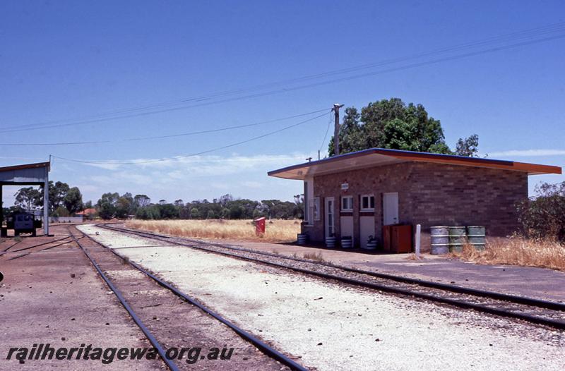 P12505
Station building, goods shed, end view east side, Dowerin, GM line
