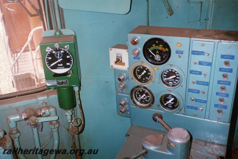 P12532
Cab view of Goldsworthy A class English Electric, showing speedo and control stand
